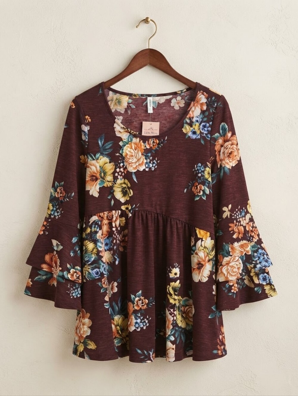 Title: Emerald Floral Bell Sleeve Babydoll Tunic Top Burgundy L NWT - Picture 2 of 9